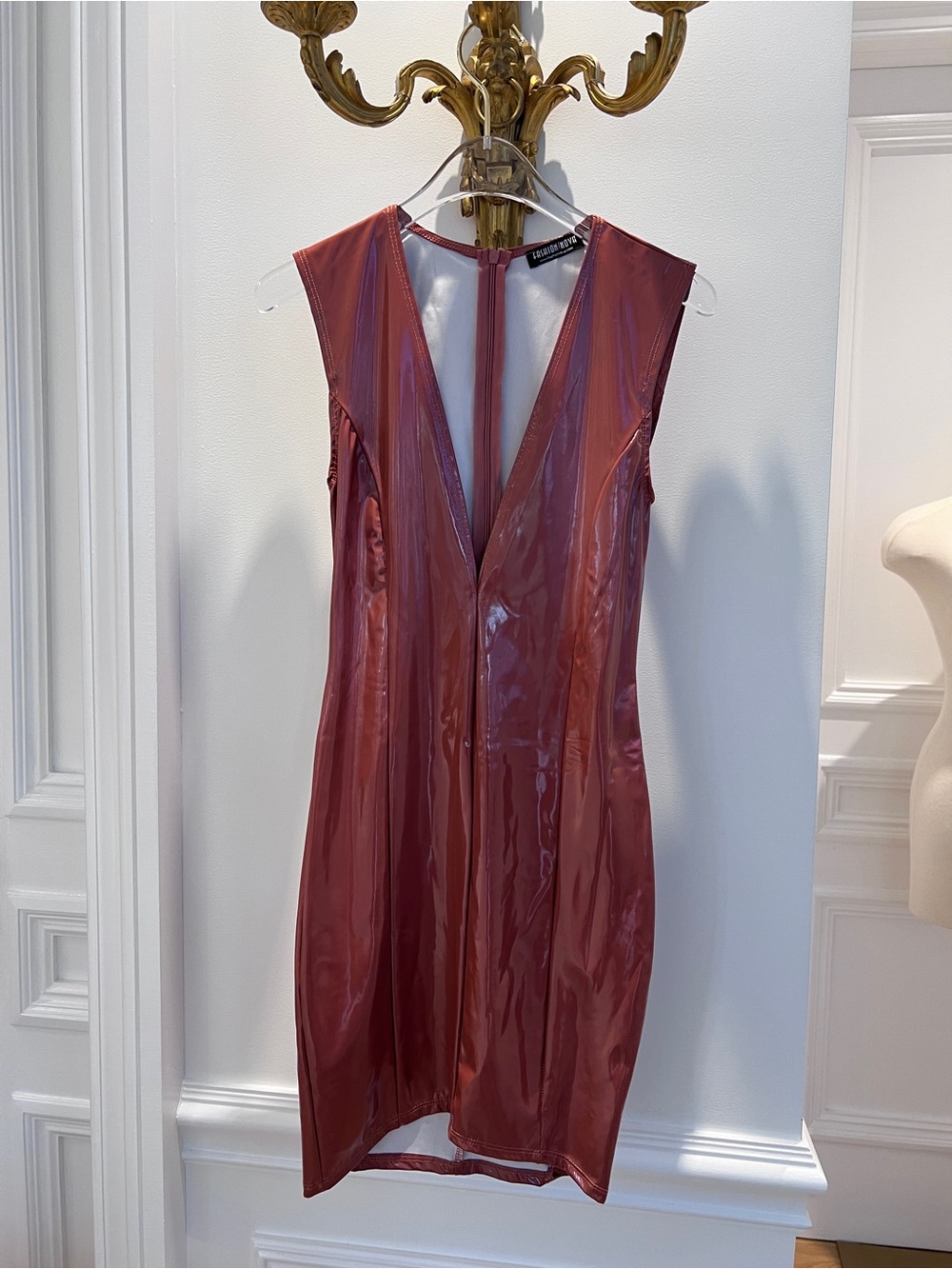 Saint Laurent look a like fashion nova Glossy Rosewood V-Neck latex Mini Dress